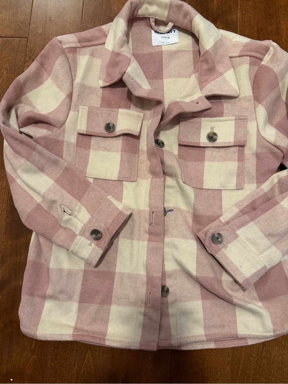 Old Navy Kids Pink and Cream Plaid Button-Up Shirt Jacket- Like New